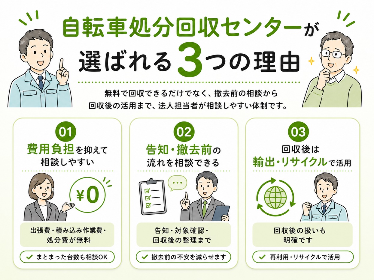 自転車処分回収センターが選ばれる3つの理由