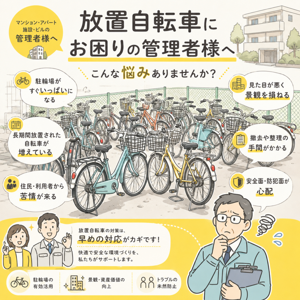 放置自転車でこんな悩みありませんか？駐輪場がすぐにいっぱいになる。長期間放置された自転車が増えている。撤去や整理の手間がかかる。など、放置自転車の対策は、早めの対応が必要になります。