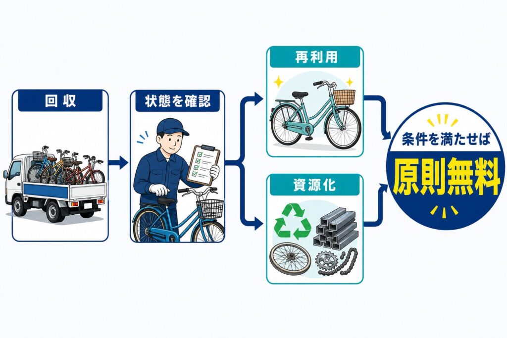 放置自転車を回収後、再利用または資源化することで原則無料回収を実現する仕組み