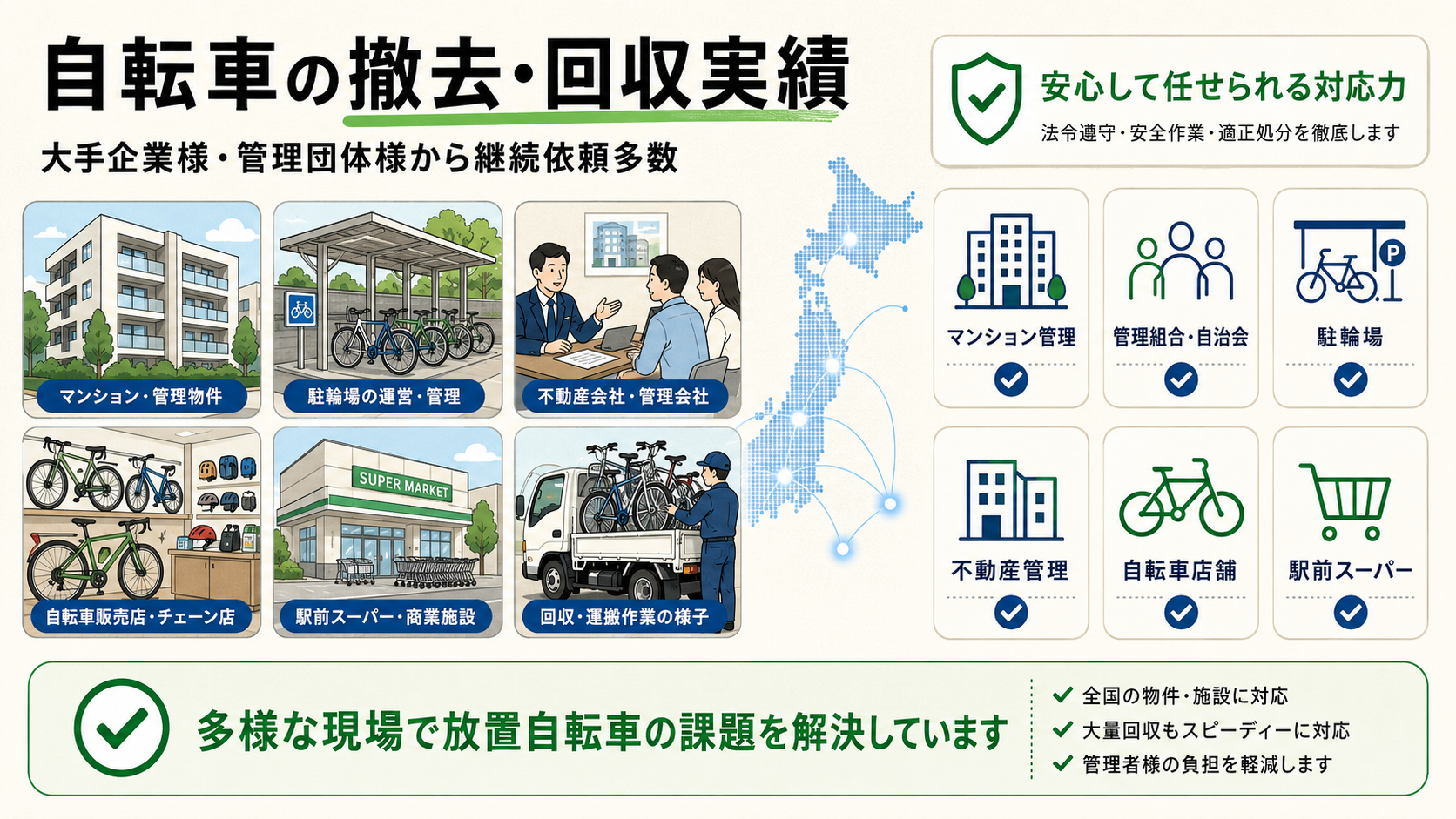 大手企業様のご依頼も多数！自転車の撤去・回収実績